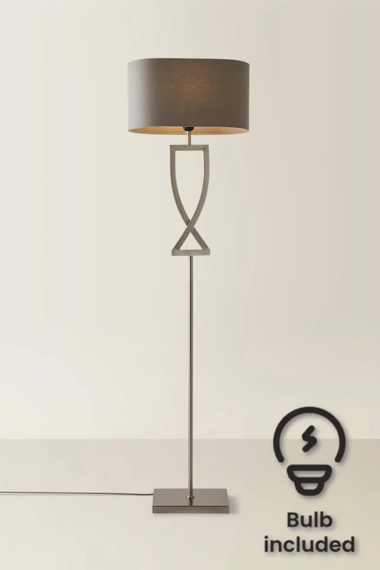 Image of ValueLights Katniss Metal Industrial Tall Floor Lamp with Linen Shade & Bulb in Silver Silver Unisex
