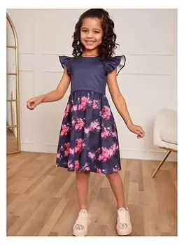 Image of Chi Chi London Girls Ruffle Floral Print Midi Dress - Navy, Size 5 Years, Women