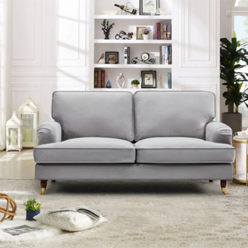 Image of Woodbury 158Cm Wide 2 Seat Grey Velvet Fabric Sofa Walnut Colour Legs With Brass Coloured Wheel