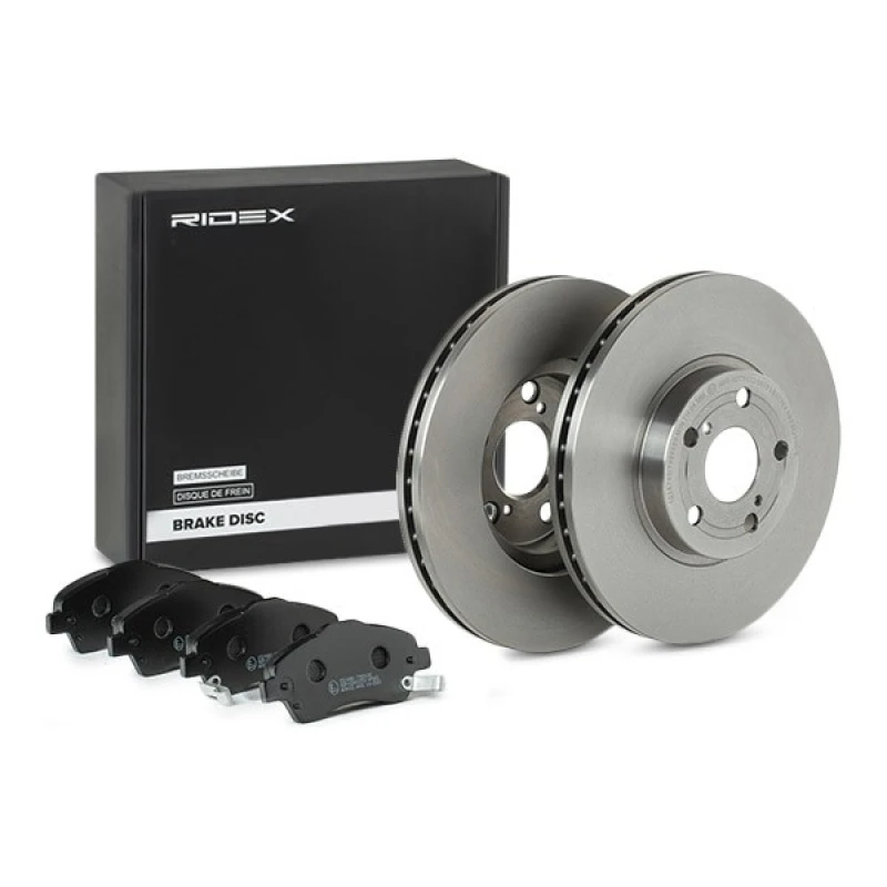 Image of RIDEX 3405B1483 Brake disc and pads set Front Axle, Brake Disc Type: Vented, with acoustic wear warning Brake Set,disc brakes (3405)