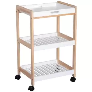 image of HOMCOM 3-Tier Mobile Bamboo Kitchen Trolley Cart With Rolling Wheels - White