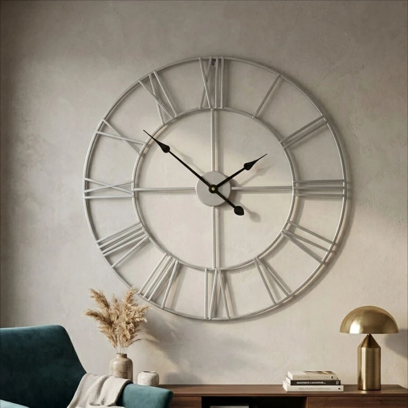 Image of Orsina Genova 60cm Dia Silver Metal Roman Numeral Wall Clock