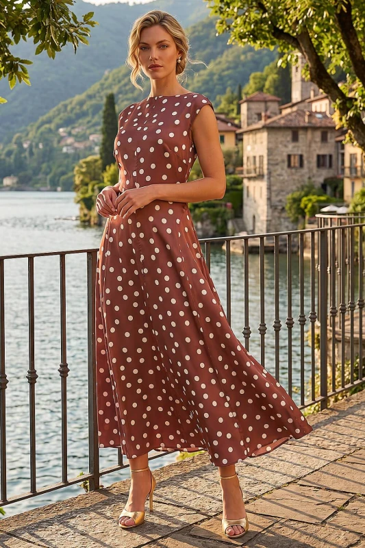 Image of Roman Womens Polka Dot Boat Neck Dress in Chocolate Size: 18 Chocolate Female 18