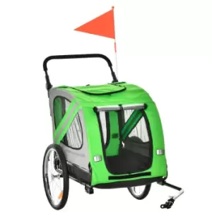 Image of PawHut Dog Bike Trailer 2-in-1 Pet Stroller Cart Bicycle Carrier Attachment for Travel in steel frame with Universal Wheel Reflectors Flag Green