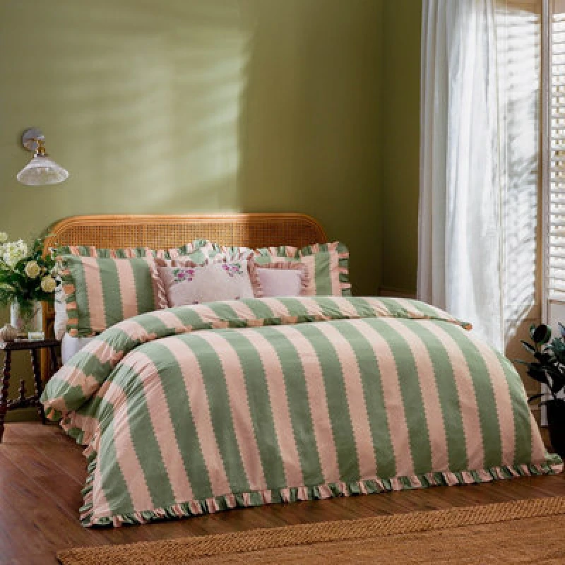 Image of Wylder Birdie Stripe Ruffle Duvet Set, King, Multicolour