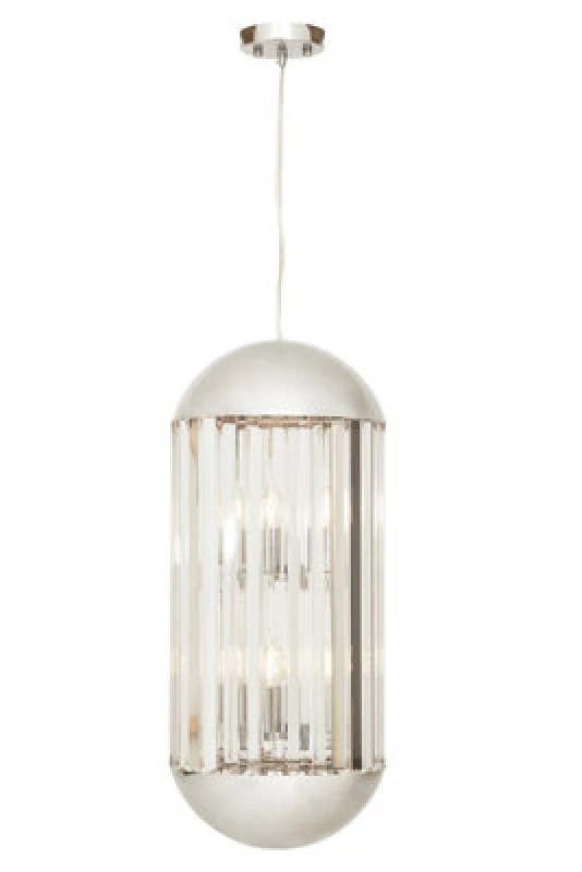 Image of Orsina Chrome Finish 6 Bulb Pendant Light, Capsule-Shaped Crystal Panel Ceiling Fixture, Reflective Modern Lighting