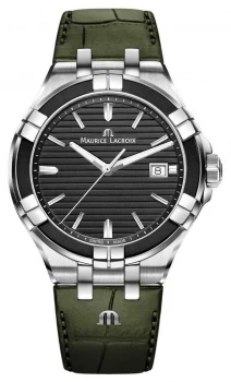Image of Maurice Lacroix Aikon Quartz Green Leather Strap Black Watch