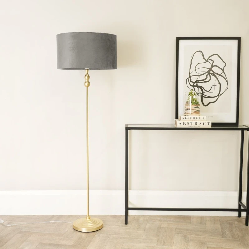 Image of ValueLights Maggie Gold Candlestick Floor Lamp with Velvet Lamp Shade Grey