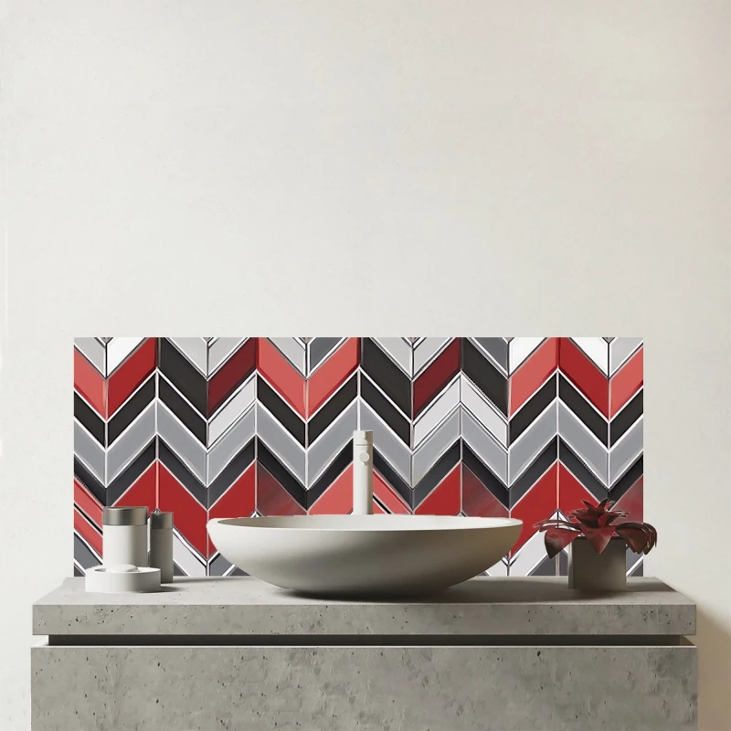 Image of Warren Reed - Designer Red Grey Geometric Pattern Glass Bathroom Splashback Grey Unisex