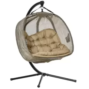 image of Outsunny Double Hanging Egg Chair 2 Seaters Swing Hammock Chair with Stand, Cushion and Folding Design, for Indoor and Outdoor, Brown