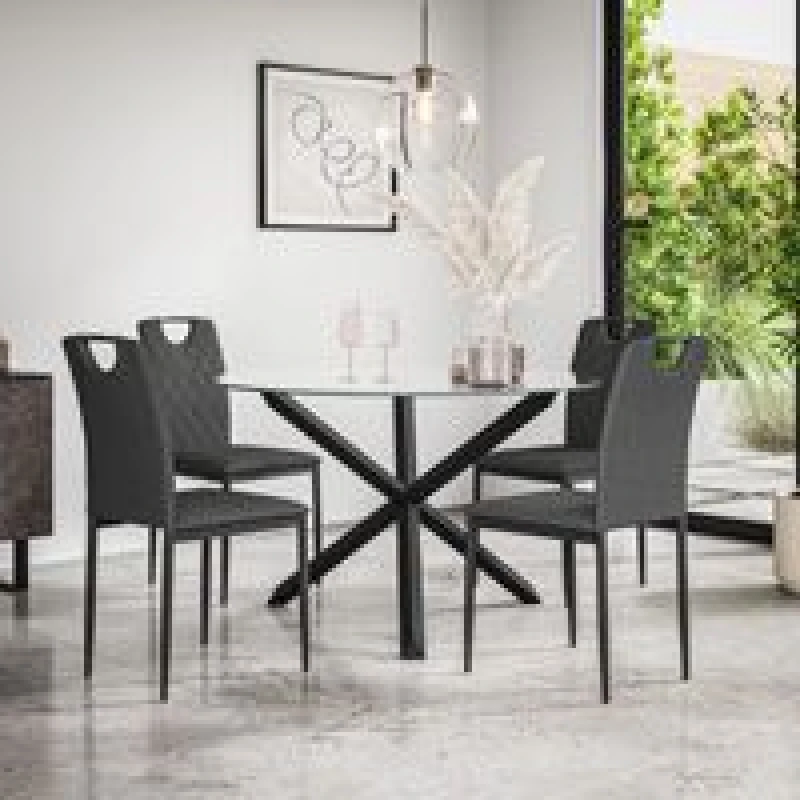 Image of More4Homes Malvern Round Dining Table And Chairs - Clear Glass Table Top W Solid Oak Black Legs + 4 Monza Fabric Dining Chairs (Charcoal)
