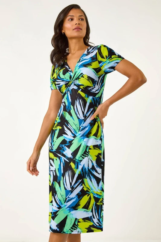Image of Roman Leaf Print Twist Front Midi Dress Blue