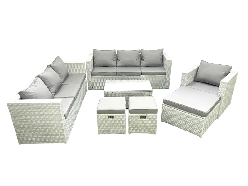 Image of Fimous Wicker PE Rattan Sofa Garden Furniture Set with Armchair Oblong Coffee Table 3 Footstools Light Grey Mixed Light Grey