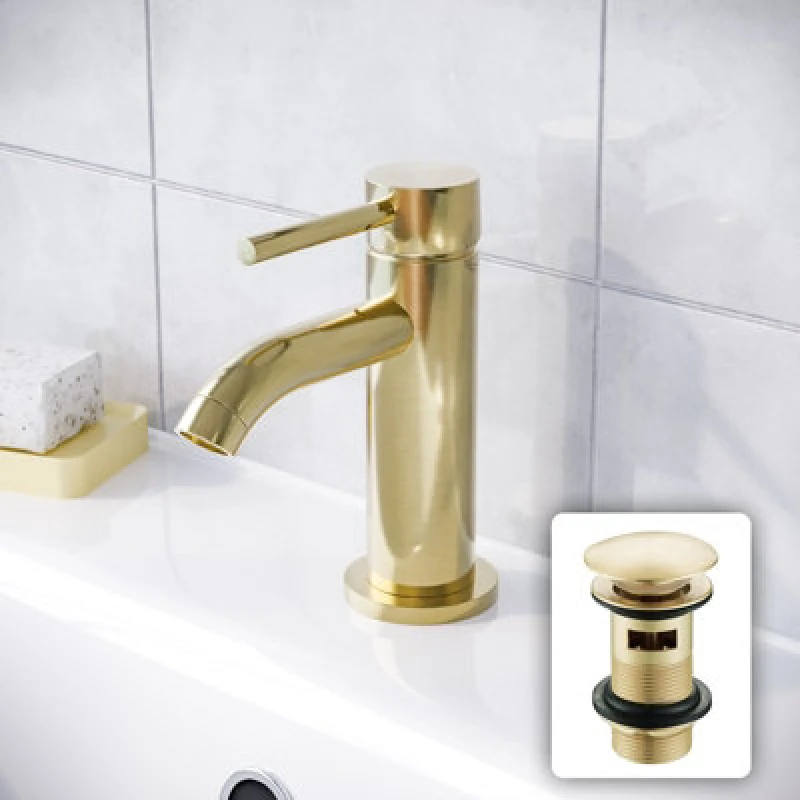 Image of Nes Home Modern Bathroom Brushed Brass Round Basin Mono Mixer Tap And Waste