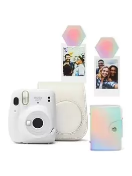 image of Fujifilm Instax Mini 11 Instant Camera Kit Inc Case, 10 Shot White Film, Iridescent Album & Magnets - Ice White