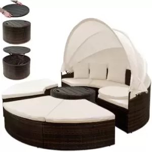 image of Poly Rattan Sun Day Bed - Ø 185cm - Telescopic Table - 3 Pillows Brown