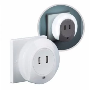 image of KnightsBridge Plug In Compact LED Wall Night Light with Sensor and USB Charging