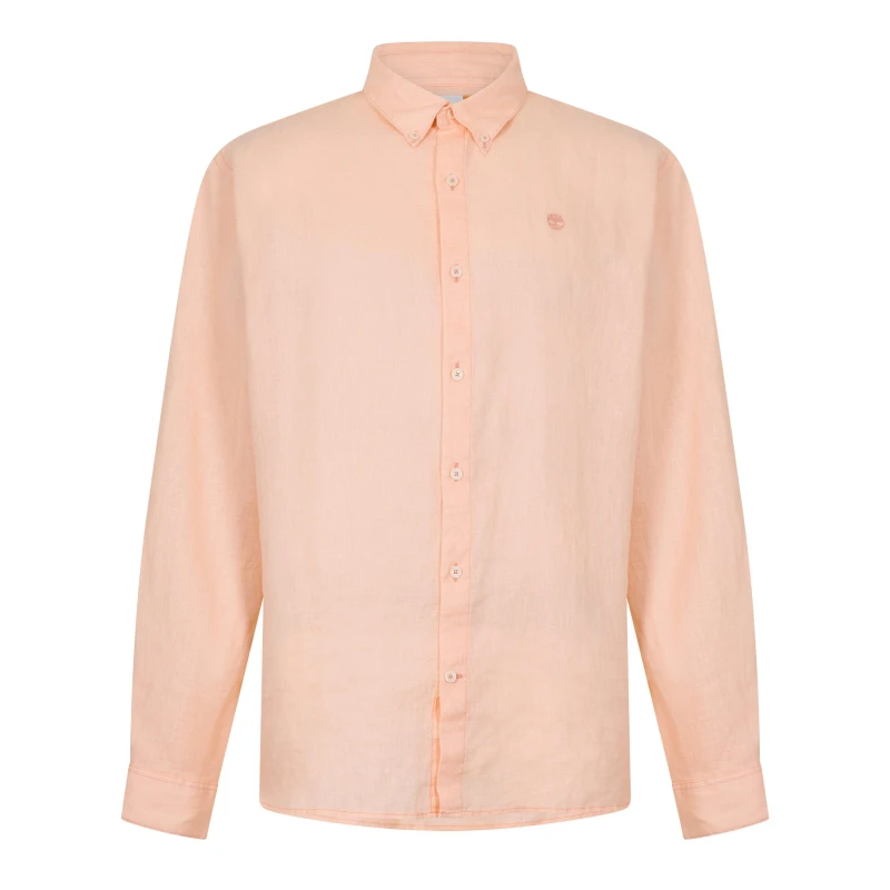 Image of Timberland Mens Mill Brook Linen Leaf Green Long-Sleeve Plain Shirt Tropical Peach male S