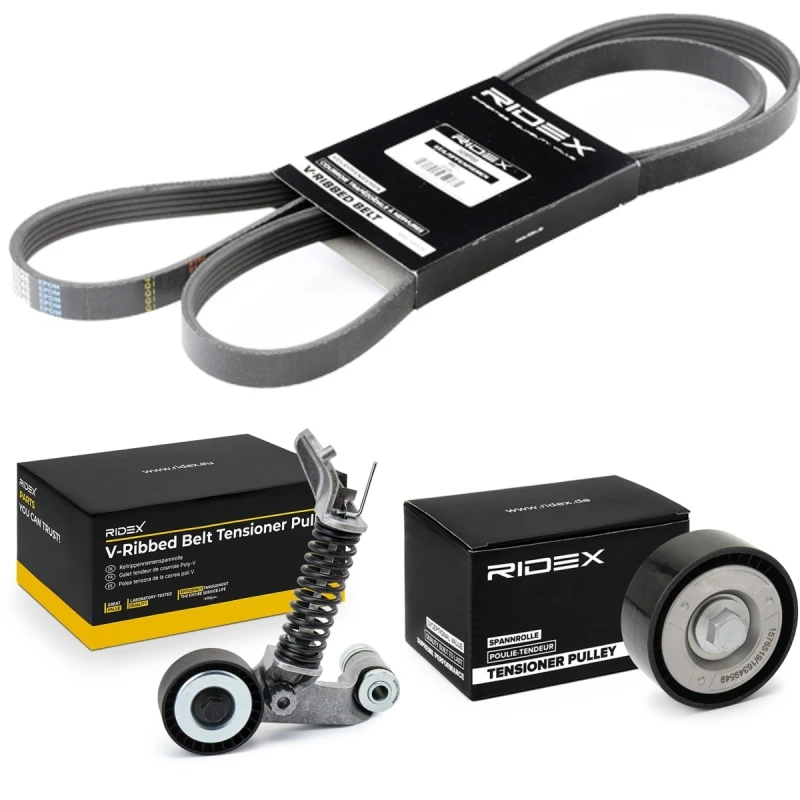 Image of RIDEX 542R0609 V-ribbed belt set Check alternator freewheel clutch & replace if necessary V-Ribbed Belt Set (542)