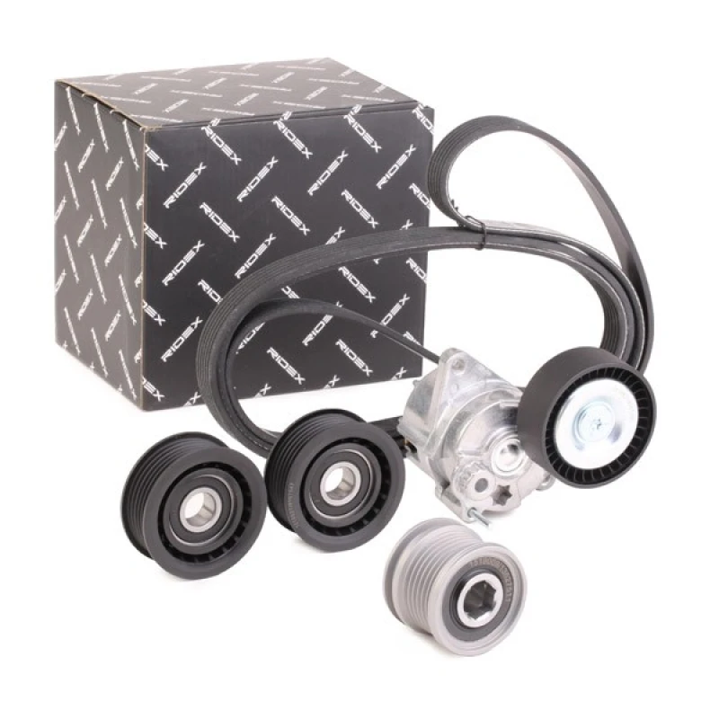 Image of RIDEX 542R0153 V-ribbed belt set with tensioner arm, tensioner pulley, Pulleys: with freewheel belt pulley V-Ribbed Belt Set (542)