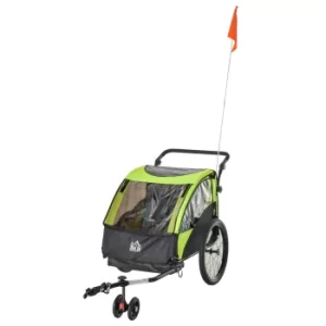 image of 2 In 1 Trailer for Kids Child Foldable Baby Stroller 2-Seater Transport Carrier with Adjustable Handlebar Storage Bag Flag Green by HOMCOM