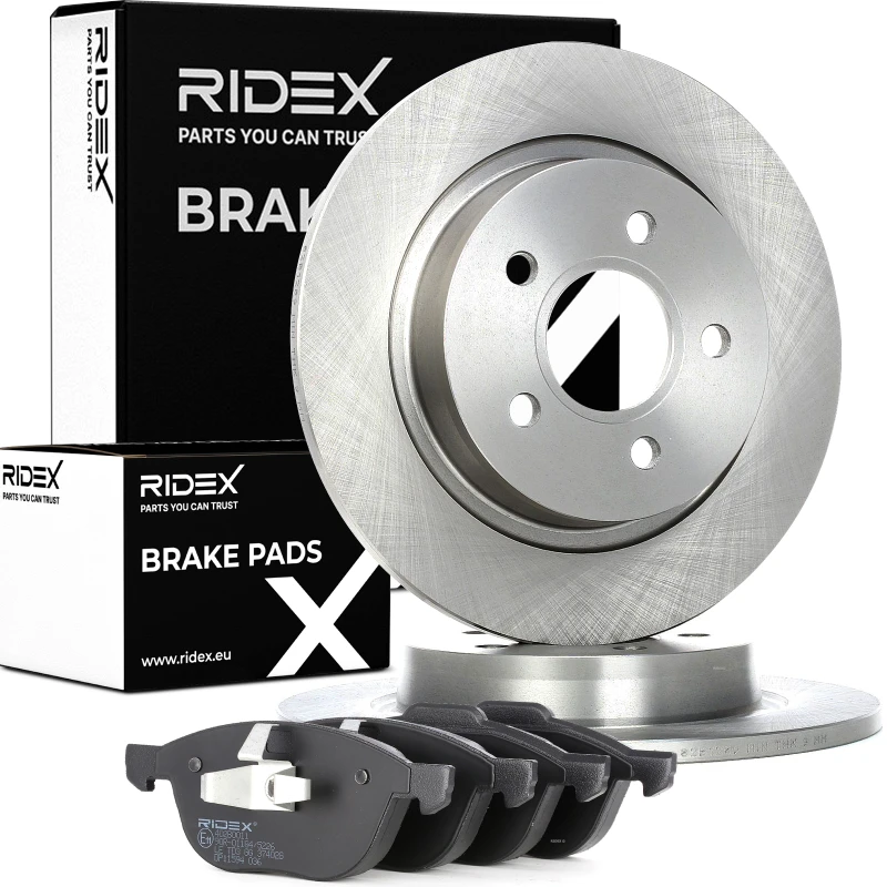 Image of RIDEX 3405B1004 Brake disc and pads set Rear Axle, Brake Disc Type: Solid, not prepared for wear warning indicator Brake Set,disc brakes (3405)