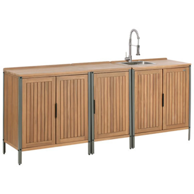 Image of Beliani 3 Piece Outdoor Kitchen Set With Sink Ivrea Certified Acacia Wood Brown/ Silver