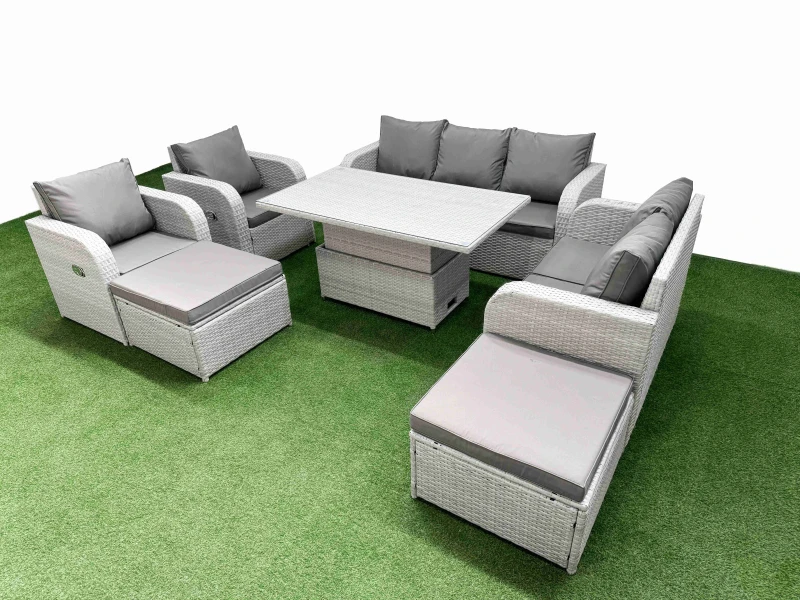 Image of Fimous PE Rattan Garden Furniture Set Reclining Chair Sofa Double Love Seat 2 Seater Sofa Lounge Set Adjustable Lifting Dining or Coffee Table 2 Big F