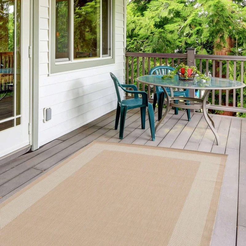 Image of THE RUGS Outdoor Indoor Beige Bordered Rug Weatherproof Jet Washable Size: 140cm x 200cm Beige Unisex 140cm x 200 cm