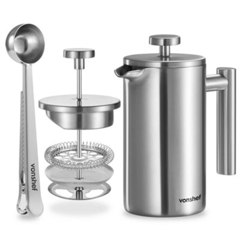 Image of Vonshef 3 Cup Cafetiere, 350Ml Double Walled Stainless Steel French Press W/ Measuring Spoon Bag Sealing Clip, Filter Coffee Maker