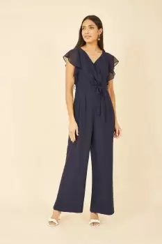Image of Navy Wrap Jumpsuit With Ruffle Sleeves
