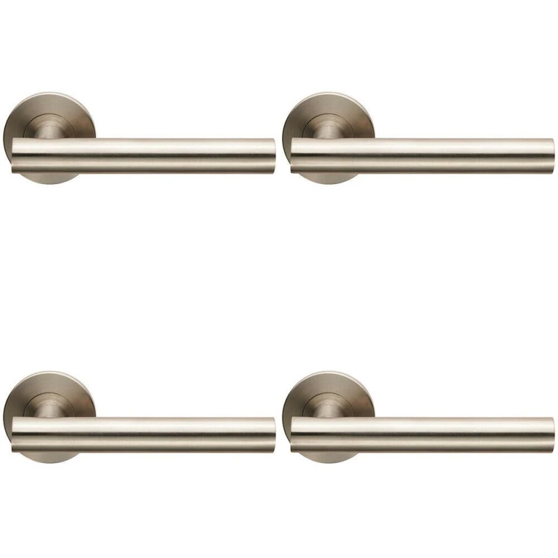 Image of Loops 4x PAIR Straight Round T Bar Lever on Slim Round Rose Concealed Fix Satin Steel Metallics