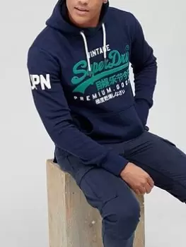 Image of Superdry Vintage Label Overhead Hoodie - Navy Blue, Navy Blue, Size 3XL, Men