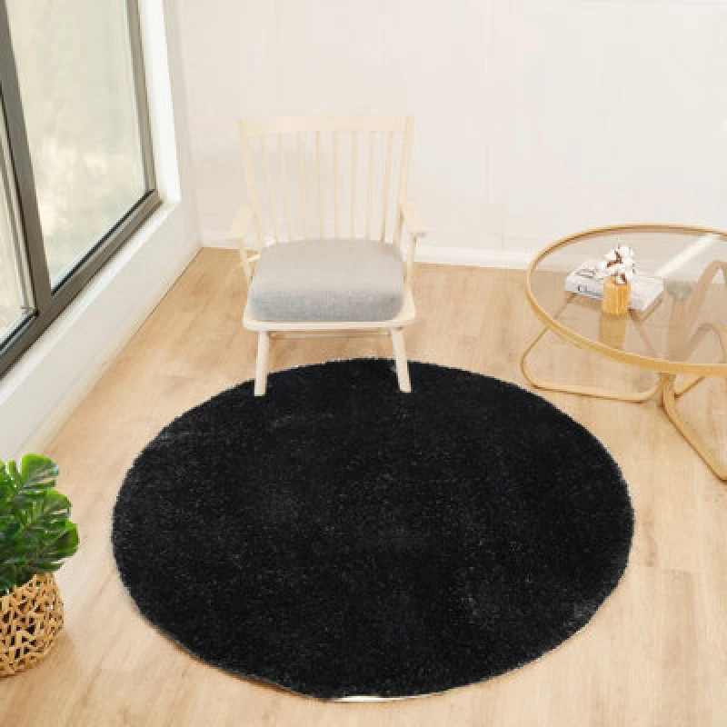 Image of Livabliss Round Shaggy Solid Color Plush Pile Black Claire Area Rug 120 X 120 Cm - Easy Care, Non Shedding, Ideal For Living Room & Bedroom