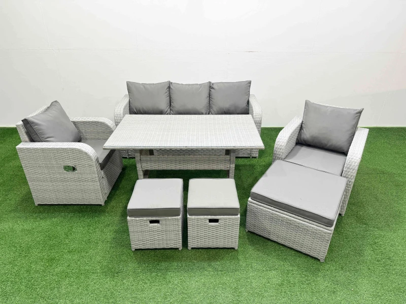Image of Fimous PE Rattan Garden Furniture Set Reclining Chair Sofa Lounge Sofa Set Rectangular Dining Table 3 Stools Light Grey Light Grey