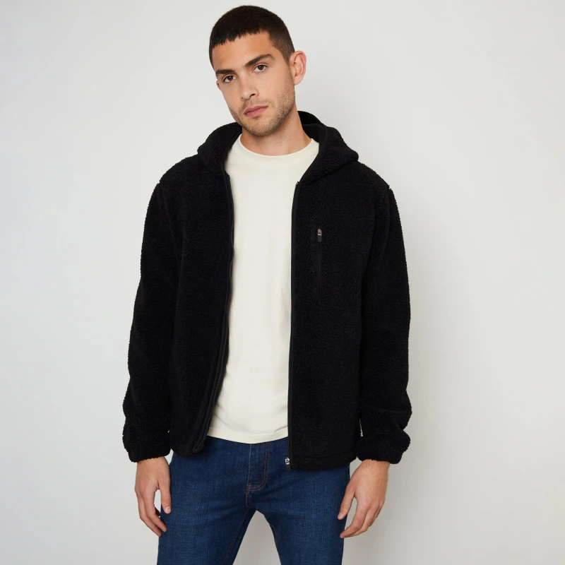 Image of Threadbare 'Zeke' Zip Through Borg Hoodie Black