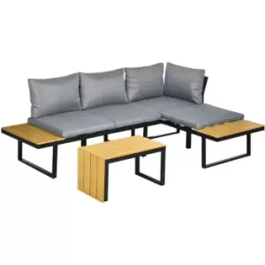 image of Outsunny 3PCs Patio Furniture Set w/ Cushions, Wood Grain Plastic Top Table - Dark Grey