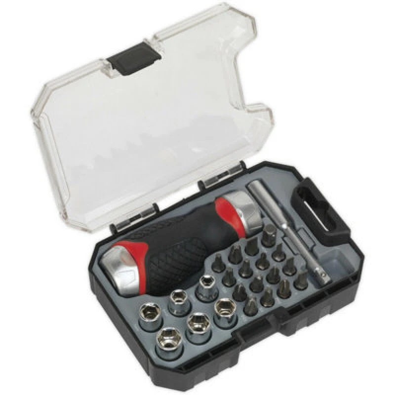 Image of Loops 24 PACK Stubby Fine Tooth Ratchet Screwdriver Socket and Bit Set - Comfort Grip Multi