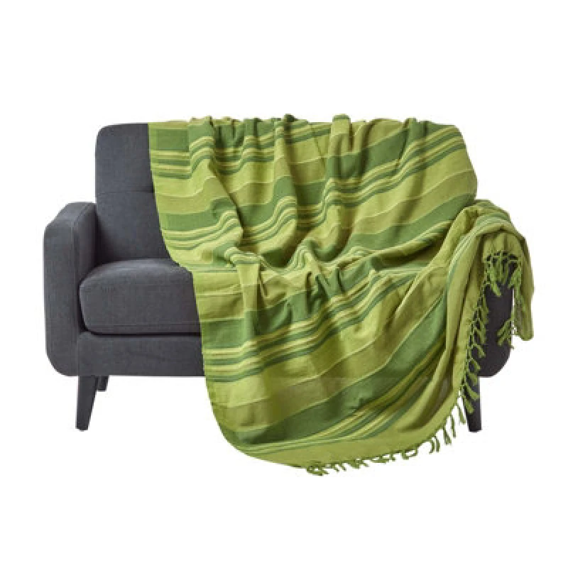 Image of Homescapes Cotton Morocco Striped Green Throw, 150 X 200 Cm