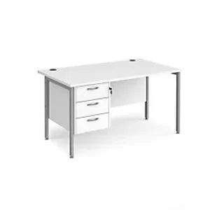 image of Rectangular Straight Desk White Wood H-Frame Legs Silver Maestro 25 1400 x 800 x 725mm 3 Drawer Pedestal