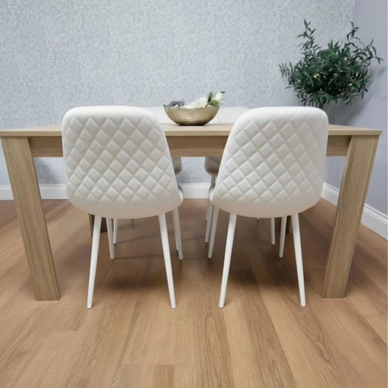 Image of KOSY KOALA Wooden Dining Table with 4 white Gem Patterned Chairs Oak Effect Table with white Chairs Beige
