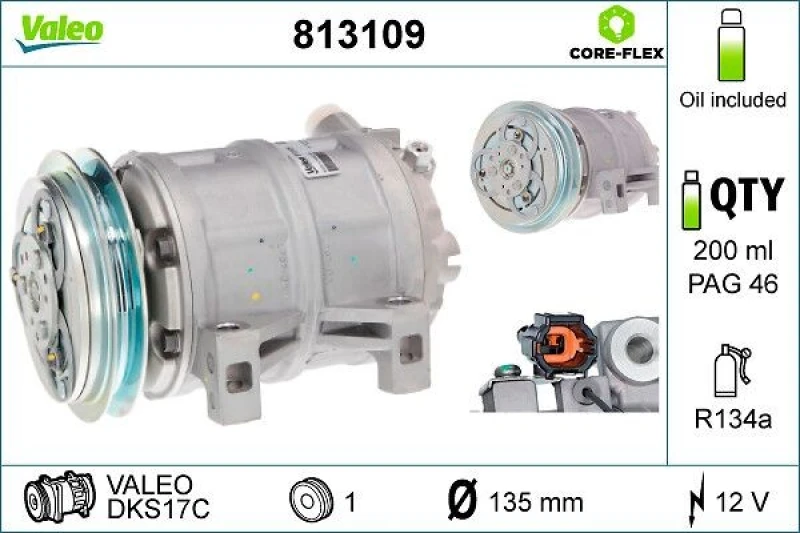 Image of VALEO 813109 AC Compressor NEW Original PART, PAG 46, Refrigerant: R134a, with PAG compressor oil Compressor,air conditioning (447)