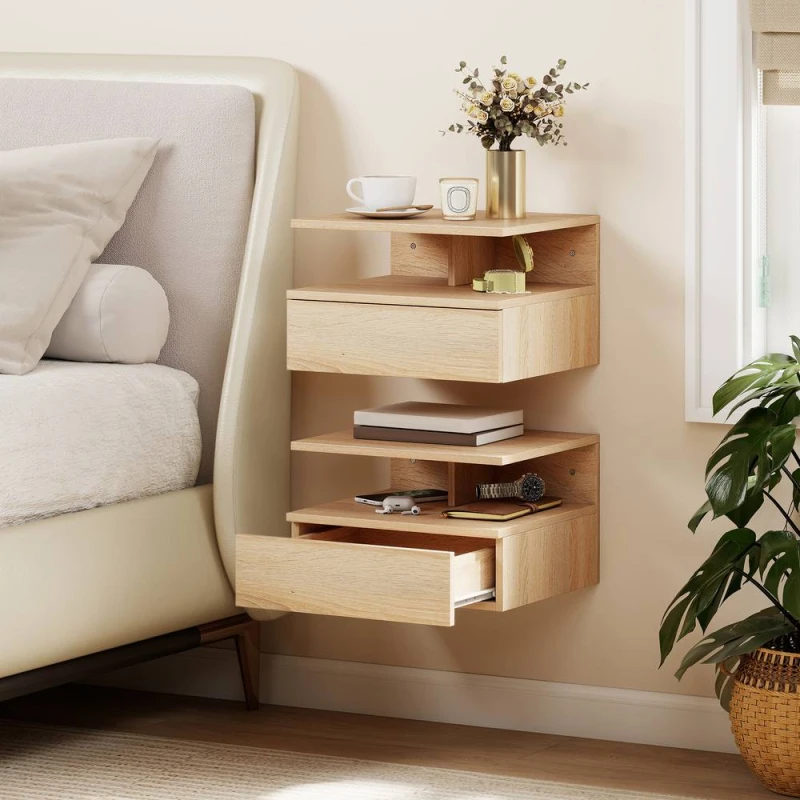 Image of HOMCOM Modern Nightstand Set of 2, Wall Mounted Bedside Cabinet in Light Brown Light Brown Unisex
