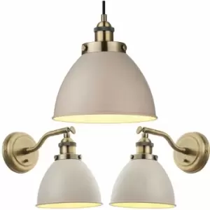 Image of Ceiling Pendant Lamp & 2x Matching Wall Light Pack Industrial Grey Brass Shade