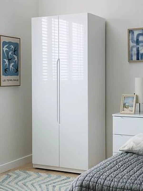 Image of One Call Furniture Antibes 2 Door Wardrobe Ready Assembled Gloss White LEWR