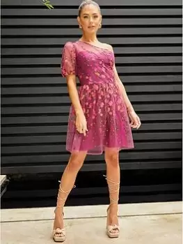 Image of Chi Chi London One Shoulder Embroidered Mini Dress - Red, Size 14, Women