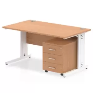 Image of Impulse 1400 x 800mm Straight Office Desk Oak Top White Cable Managed Leg Workstation 3 Drawer Mobile Pedestal