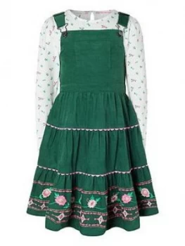 Monsoon Girls S.E.W. Embroidered Cord Pinny & Top - Green, Size 3-4 Years, Women