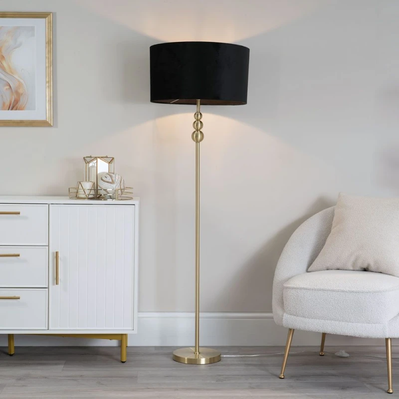Image of ValueLights ValueLights Marissa Velvet Drum Shade with Brushed Gold Stacked Ball Floor Lamp in Black One Size Unisex 5059406046353