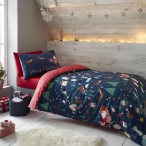 Image of Catherine Lansfield Santa's Christmas Wonderland Duvet Cover and Pillowcase Set Navy Blue/Red/Green